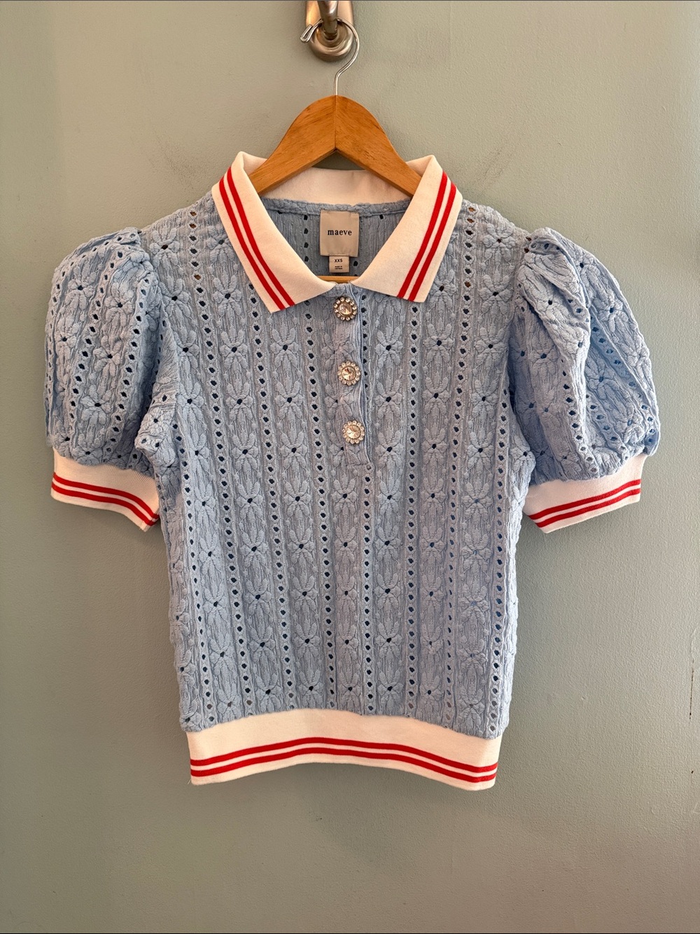 Maeve Pale Blue Eyelet Polo with Crystal Buttons - XXS - NWT